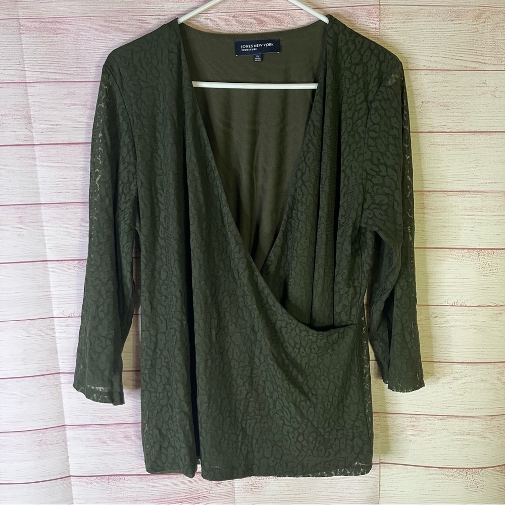 Jones New York Signature Green Faux Wrap 3/4 Sleeves Lined Blouse Size XL